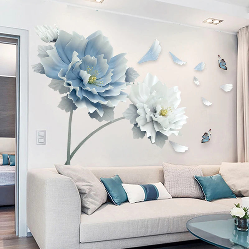 Large White Blue Flowers Lotus Butterfly Removable Wall Stickers 3D Wall Art Decals Mural Art for Living Room Bedroom Decor