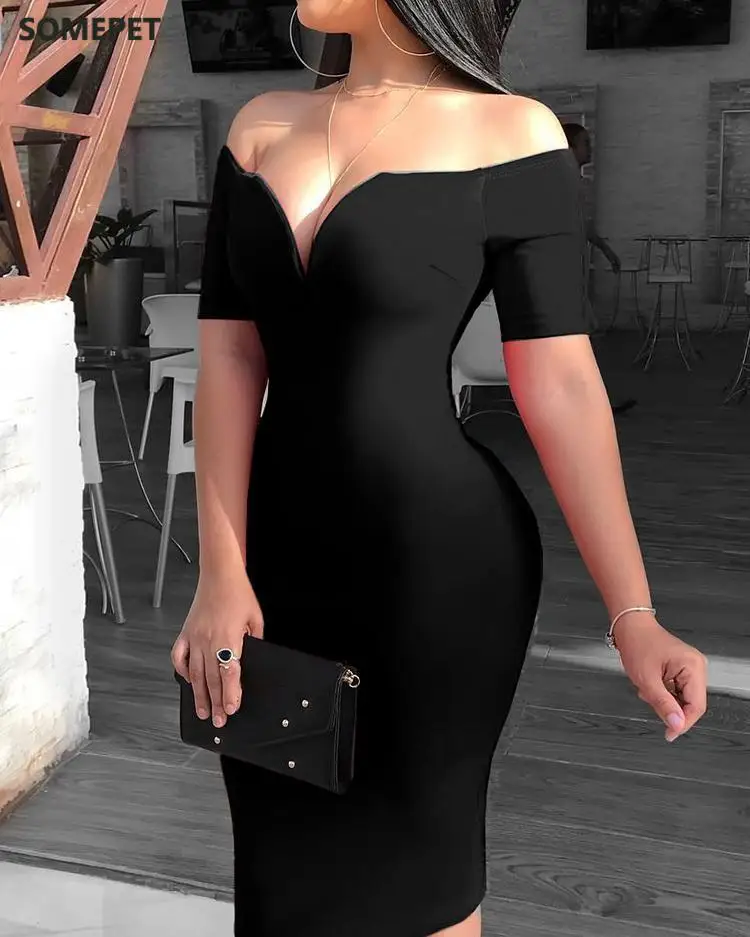 

Female Sexy Deep V-neck Off Shoulder Bodycon Dress Women Short Sleeve Solid Sheath Midi Dress
