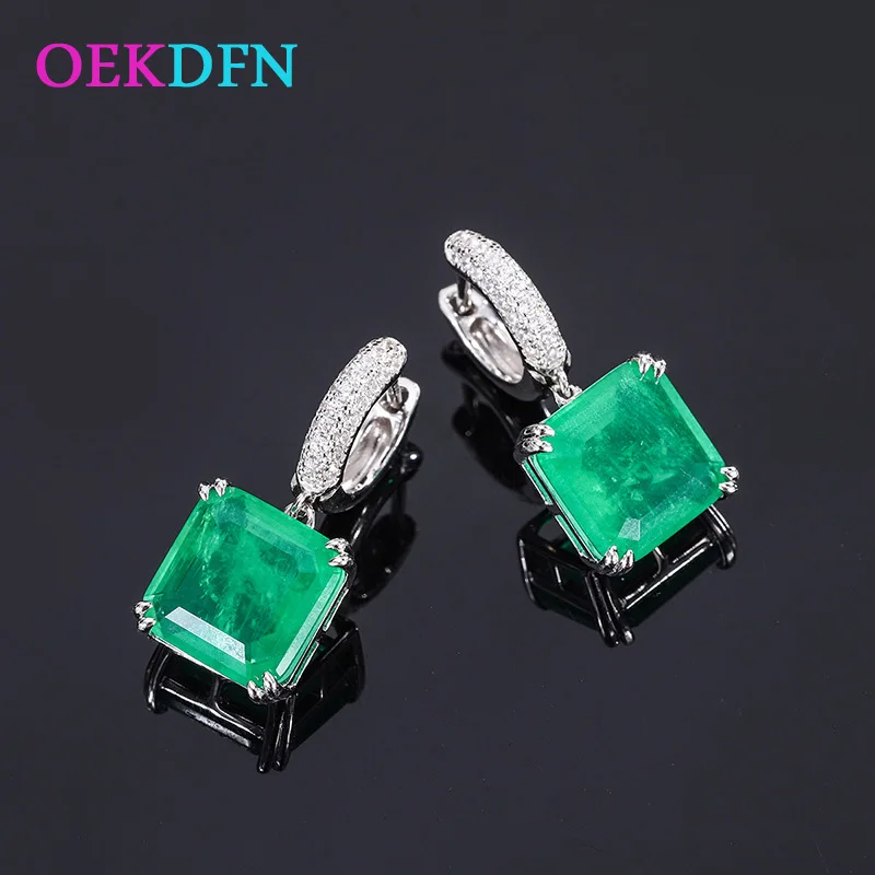 

OEKDFN 100% 925 Sterling Silver 12*12MM Emerald Paraiba Tourmaline Diamond Dangle Drop Earrings For Women Wedding Fine Jewelry