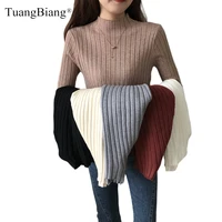 mock neck pullovers 2021 slim ladies sweaters women ribbed elastic stretched jumpers autumn casual winter basic khaki knit tops