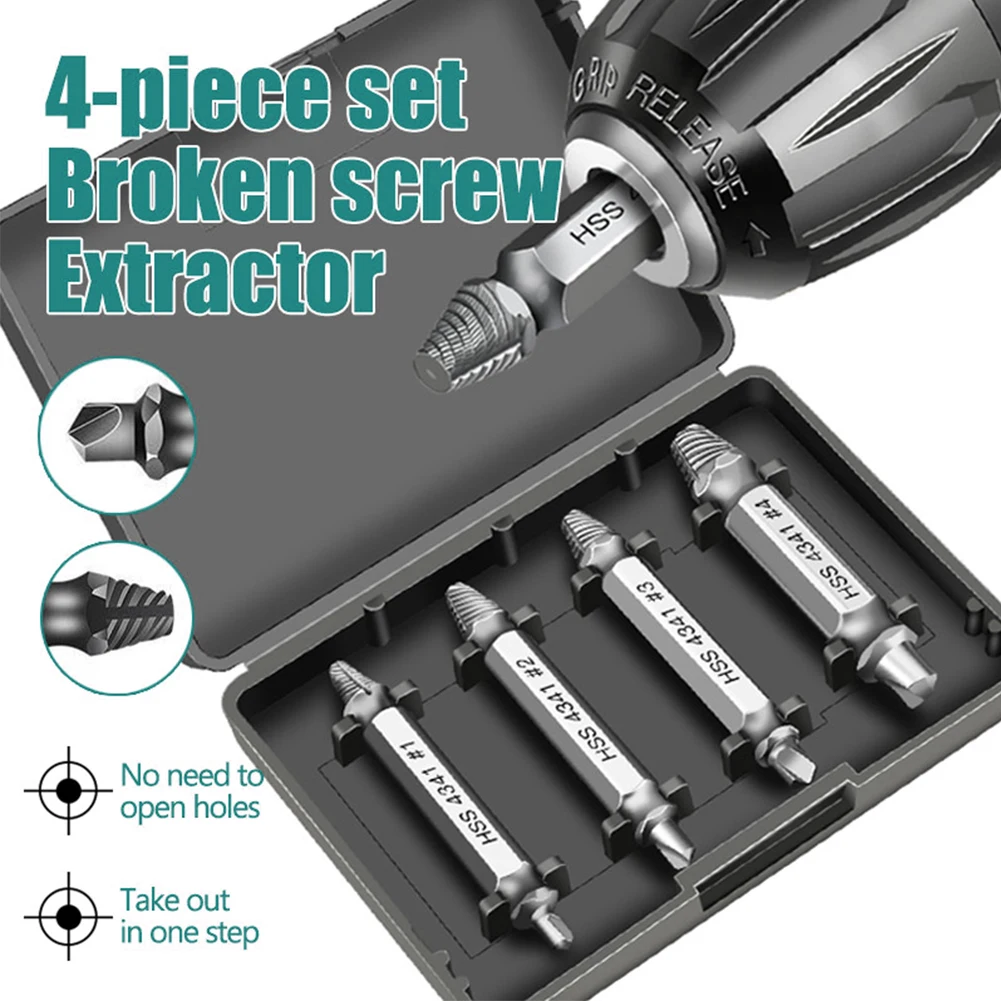 

4PCS Damaged Screw Extractor Drill Bit Set HHS Double Ended Stripped Broken Screw Bolt Remover Demolition Tools