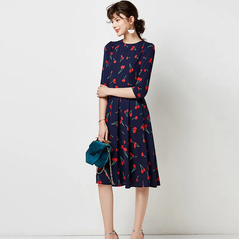 Aachoae винтажное Повседневное платье с круглым вырезом и принтом вишни женское