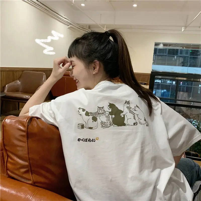 Футболка с короткими рукавами и принтом японского кота женская летняя новый