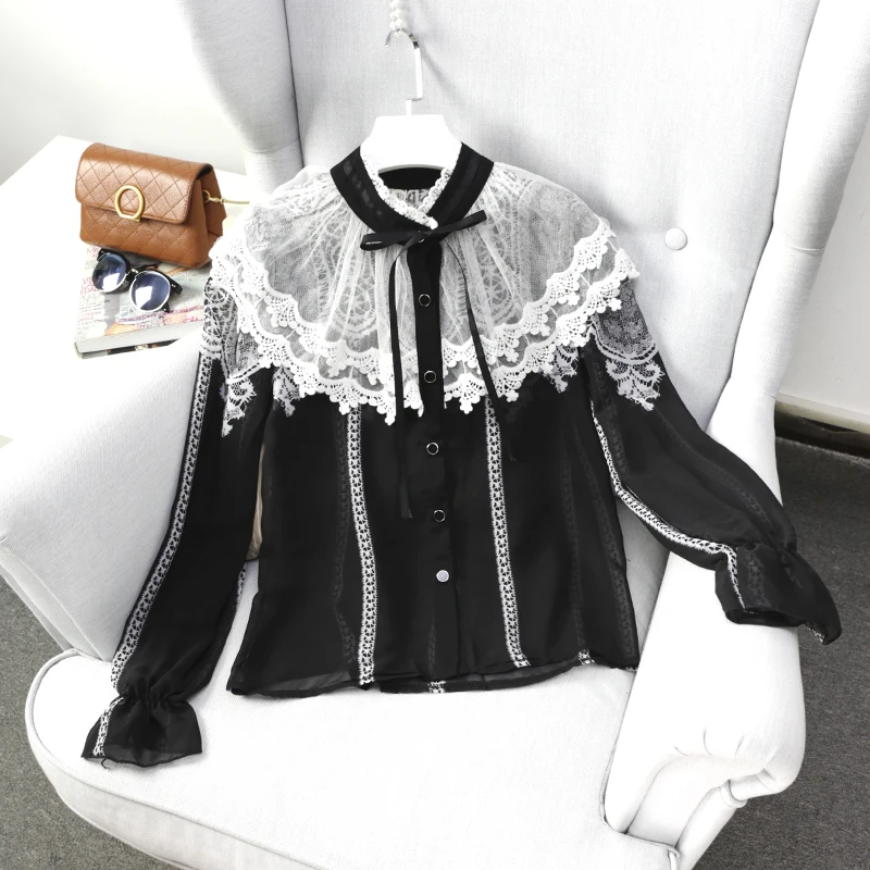 

Woman bowknot chiffon Blouses Ruffles Shirts Ribbons striped Lace Tie Mandarin Collar Speaker sleeves Stitching Slim Button Tops