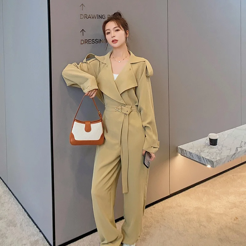 

Khaki Jumpsuit Women Elegant Fashion Long Sleeve Wide Leg One Piece Pants Outfit Lady Loose Overalls with Belt Spring Fall M272
