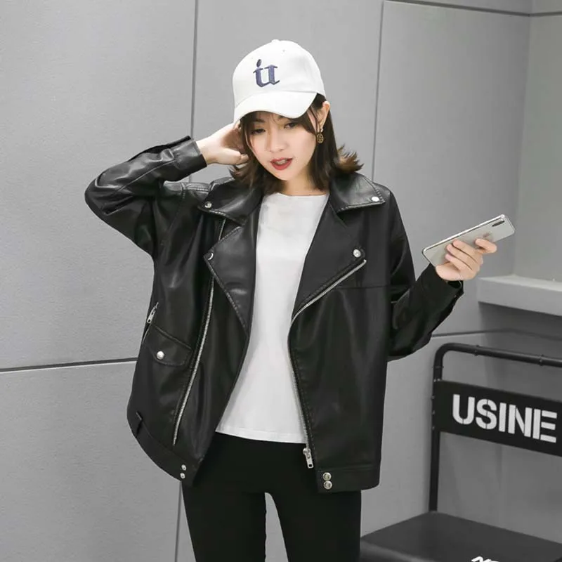 Короткая байкерская куртка NiceMix из искусственной кожи весна-осень 2020 женская