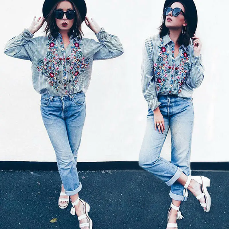 

Womens Shorts Striped Printed Long Sleeve Shirts 2019 Hot Selling V Neck Female Spring Autumn Fashion Street Casual Clothes New
