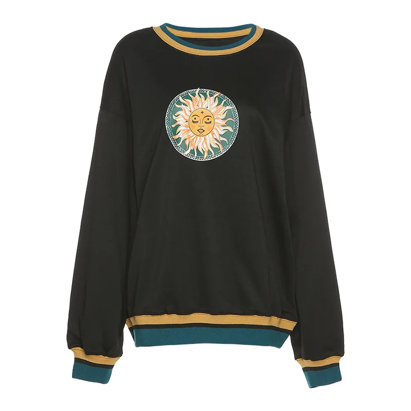 

Y2K Street Hoodies Women Black Sun Pattern Print O-neck Sweatshirts Fashion Loose Harry Styles Sweatershirt Top Pullovers