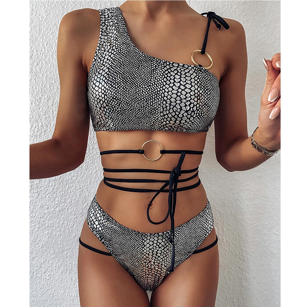 

One shoulder swimsuit female Shiny pink snake bikini 2020 String swimwear women Ring bathing suit Summer Two piece suit new
