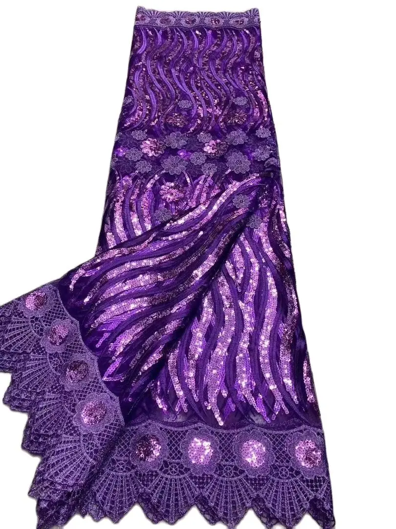 

African Aso Ebi Wedding Party Tulle with Many Sequins Shinning Lace Fabric Turtle Mesh Material in Purple Color Cord Edge T058