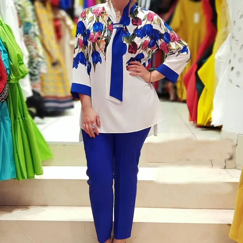 

Женский комплект одежды из двух предметов, размера плюс комплект одежды из 2 предметов, топ с принтом и длинные штаны, офисный костюм для лед...