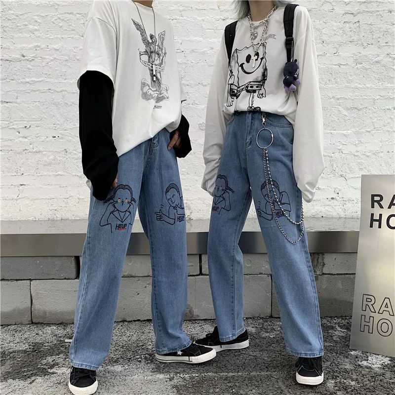 Синие джинсы мужские летние Харадзюку уличные свободные дикие печати мультфильм