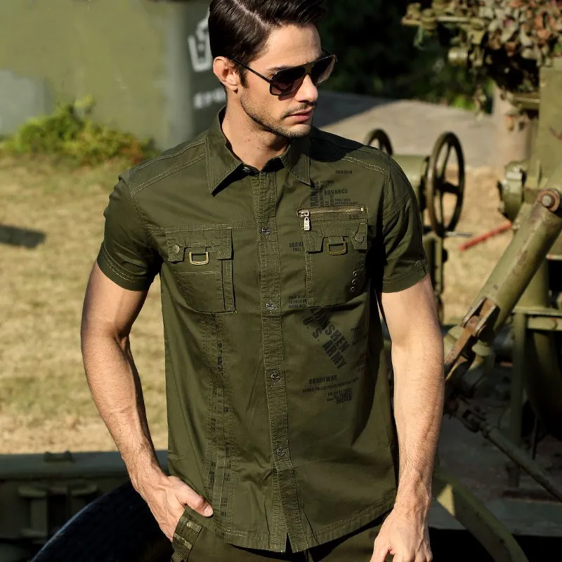 

Summer Men's Short Sleeve Cargo Shirt Cotton Breathable Lapel Casual Slim T-shirt Outdoor Tactical Training Military Fans Shirt