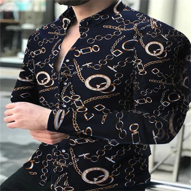 

21 spring and autumn luxury men's slim printed long-sleeved shirt Hawaiian casual shirt men's single-breasted letter printing me