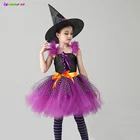 Классическое платье-пачка ведьмы для девочек со шляпой; Детский костюм на Хэллоуин; Карнавальные вечерние платья принцессы из фатина с злой ведьмой