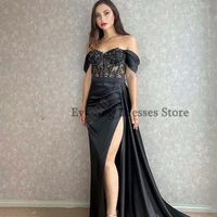 real sexy wd854 evening dresses mermaid off the shoulder modren gowns beads appliques lace pleat slit illusion robe de soiree