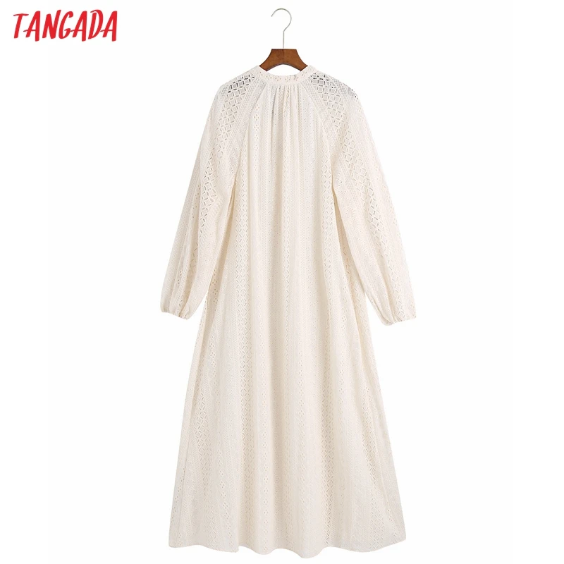 

Tangada Women Romantic Embroidery Dress Loose Long Sleeve Buttons Females Beige Midi Dresses Vestidos 6Z125