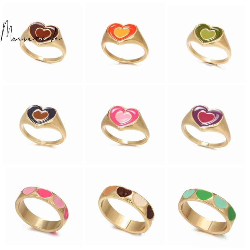 

MORSE 2021 New Vintage Bohemia Colorful Enamel Love Heart Rings Cute Simple Metal Gold Silver Color Rings for Women Mood Rings