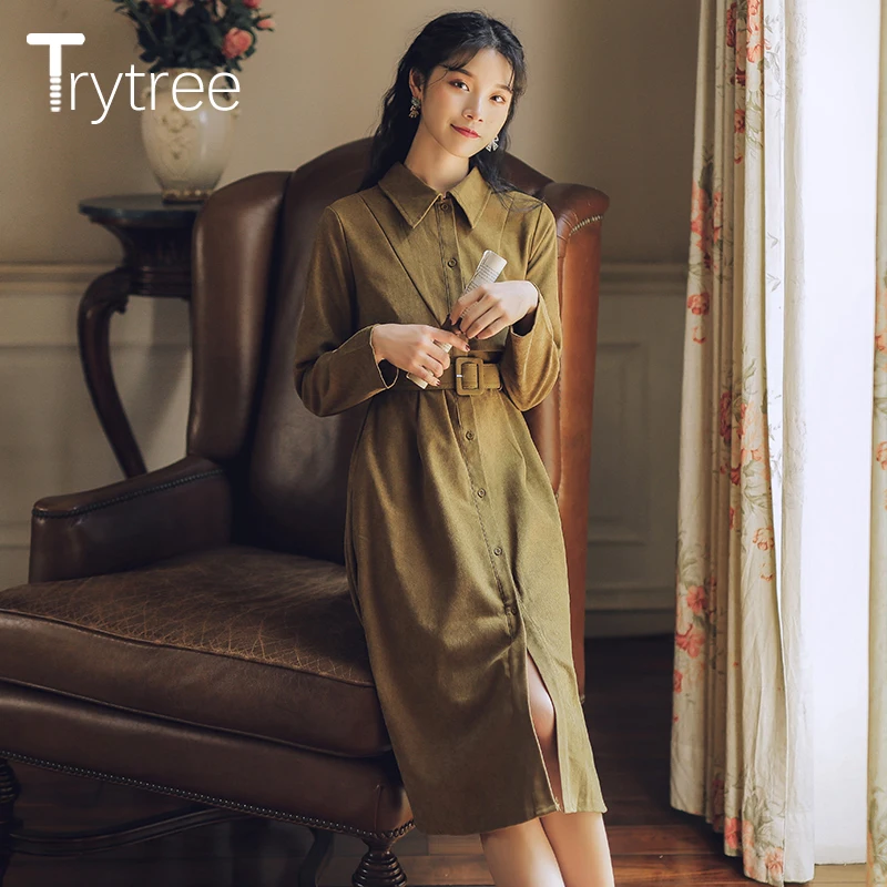 Осенне-зимнее женское платье Trytree повседневное однобортное платье-трапеция с