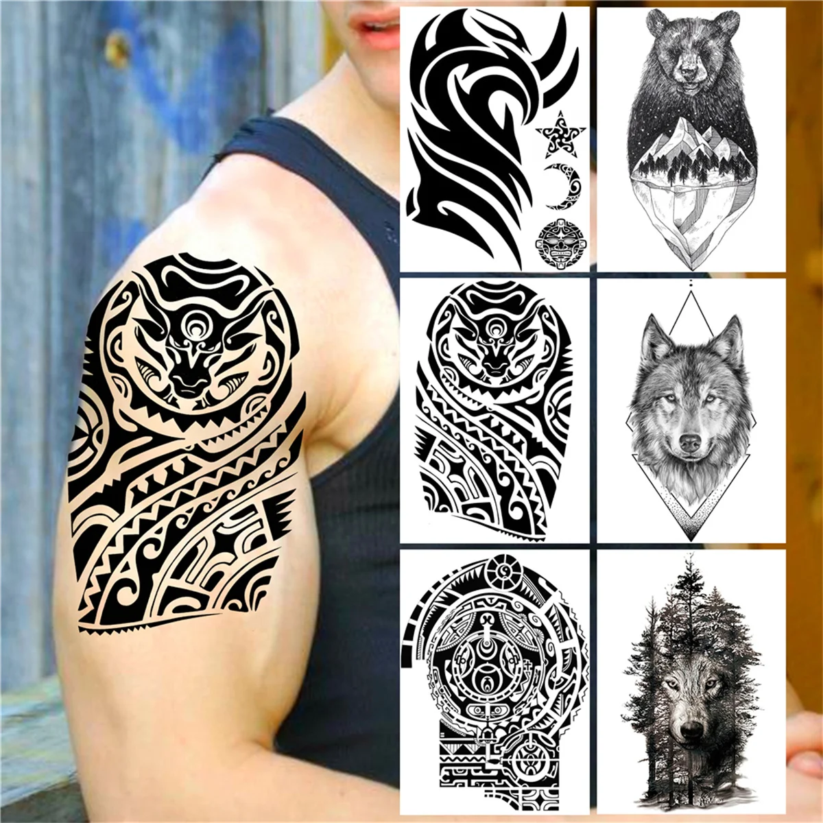 

DIY Totem Tribal Temporary Tattoos For Men Women Adult Kids Forest Wolf Tattoo Sticker Black Mountain Beer Fake Tatoos Supplies