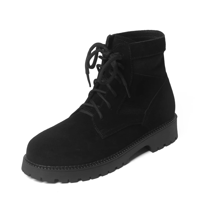 Online Sepatu Bot Martin Hak Rendah Suede Asli Sepatu Bot Pergelangan Kaki Tali Silang Wanita Ujung Bundar Musim Gugur Wanita Elegan Sepatu Berenda Aprikot Hitam