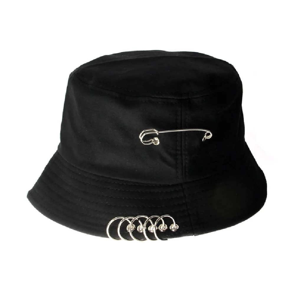 

Foldable Metal Ring Pin Decor Fisherman Hat Unisex Solid Color Fashion Cotton Bucket Hat Outdoor Travel Sun Cap