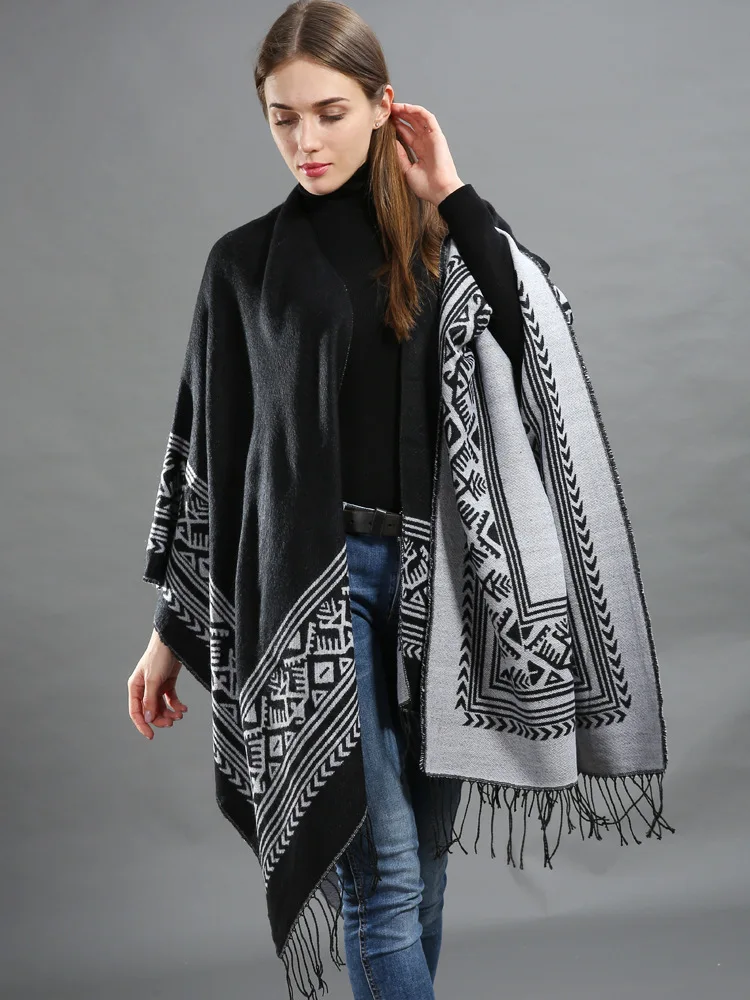 Зимнее модное женское Вязаное пончо оверсайз толстые свитера с бахромой