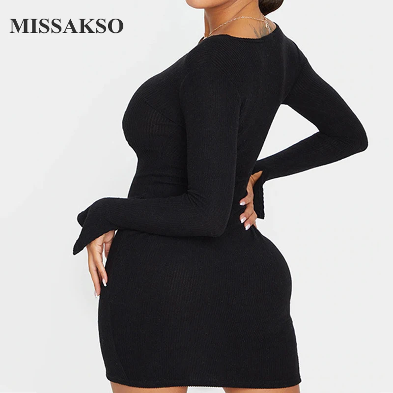 

Missakso Autumn Women Bodycon Dress Split Club Long Sleeve Sheath V Neck Party Sexy Basic Ribbed Mini Dress Black Gray