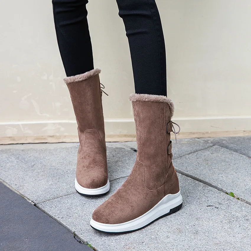 

NESIMOO 2021 Mid Calf Boots Flock Lace Up Wedge Heel Keep Warm Women Shoes Casual Round Toe Plush Winter Snow Boots Size 34-43