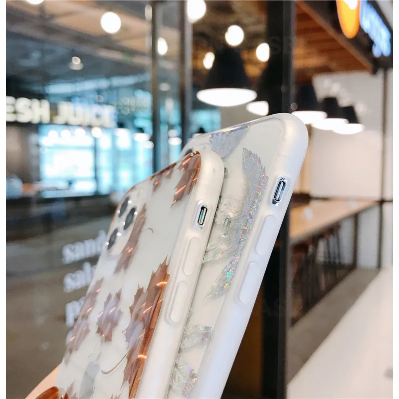 

Electroplated Glitter Leaves Phone Case for IPhone 11 11Pro Max XR SE 2020 X XS Max 7 8 Plus Soft IMD Back Cover Coque Case Etui