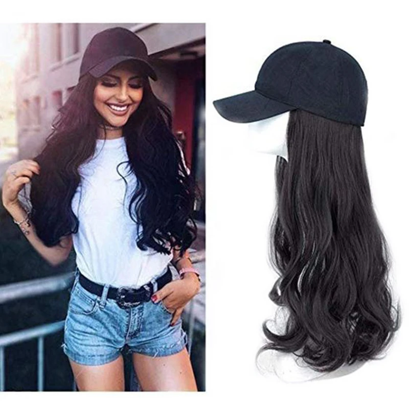 XUANGUANG Long Wavy Synthetic Baseball Cap Black And White Hair Extension Wig Natural Adjustable Girl Hat Wig