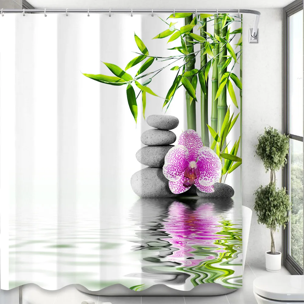

Zen Shower Curtains Green Bamboo Water Grey Stone Purple Orchid Spa Nature Flowers Scenery Waterproof Fabric Bathroom Decor Set