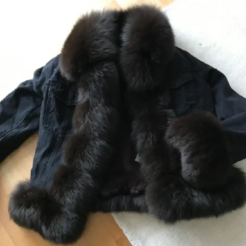 Rabbit fur lining Новинка, женская короткая джинсовая куртка с натуральным лисьим мехом, толстая хлопковая подкладка из кроличьего меха, джинсовая куртка с натуральным мехом, европейский стиль - Цвет: Rabbit fur lining