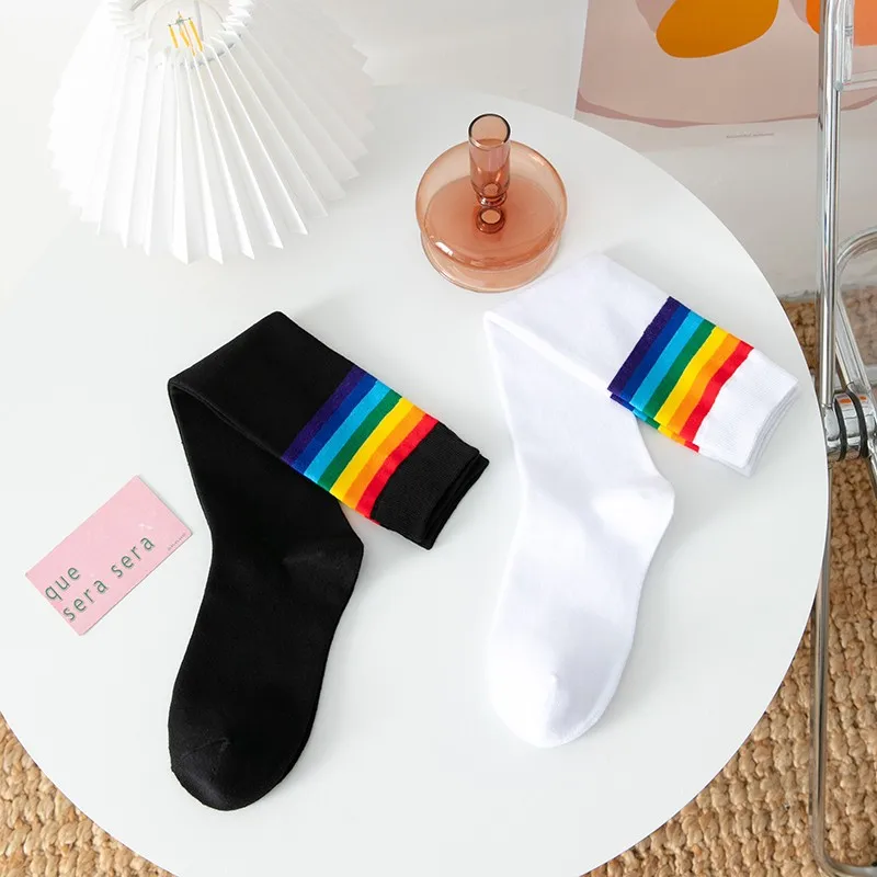 

Rainbow Knee Calf Socks Women Cotton Striped Japanese Style Students Girls Long Socks Knee Ins Colorful Female Black High Socks