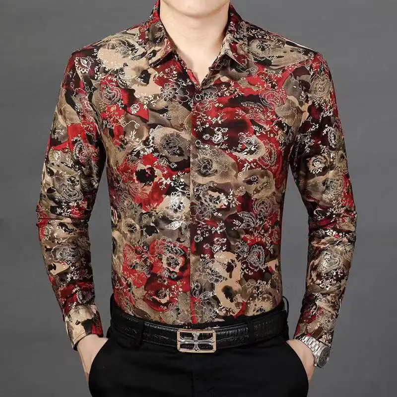 Новейшая стильная Осенняя мужская рубашка с длинным рукавом и цветочным принтом