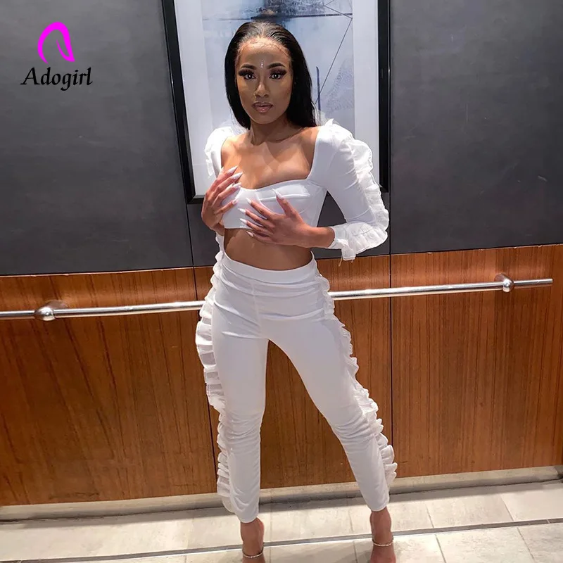 

Fitness 2021 Autumn Winter Women Lace Ruffle Patchwork 2 Piece Set Long Sleeve Crop Top Leggings Set Skinny Streetwear Tracksuit