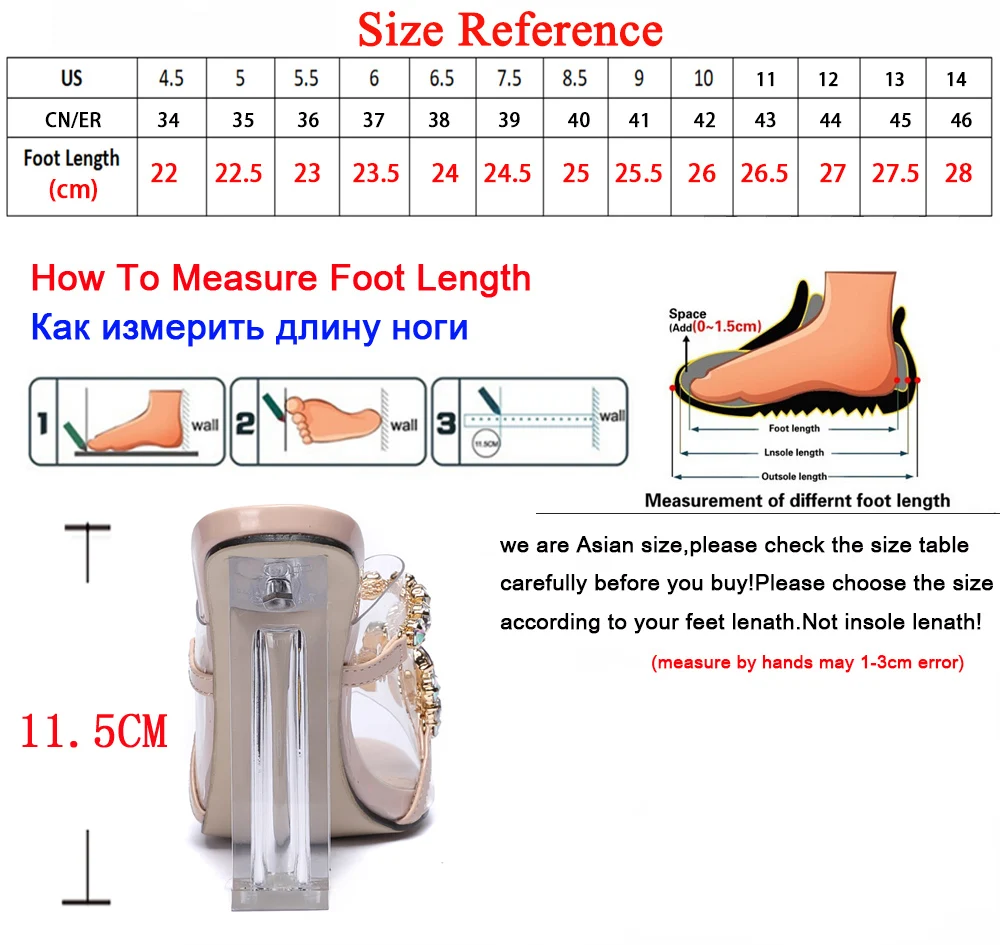 

Ladies Slippers Heels Rhinestone Transparent Sandals Women Summer 2021 Wedding Crystal Shoes Mules Chunky Heel Peep-Toe Size 43