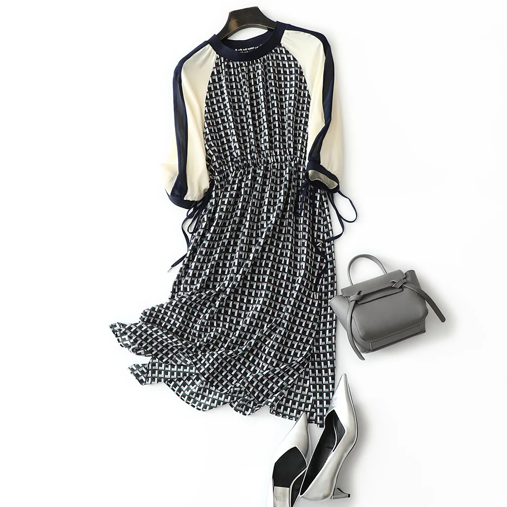 

22 momme 100% шелковое платье 2021 новые летние контраст с узором «гусиная лапка» и рукавами «три четверти» и кулиской на талии