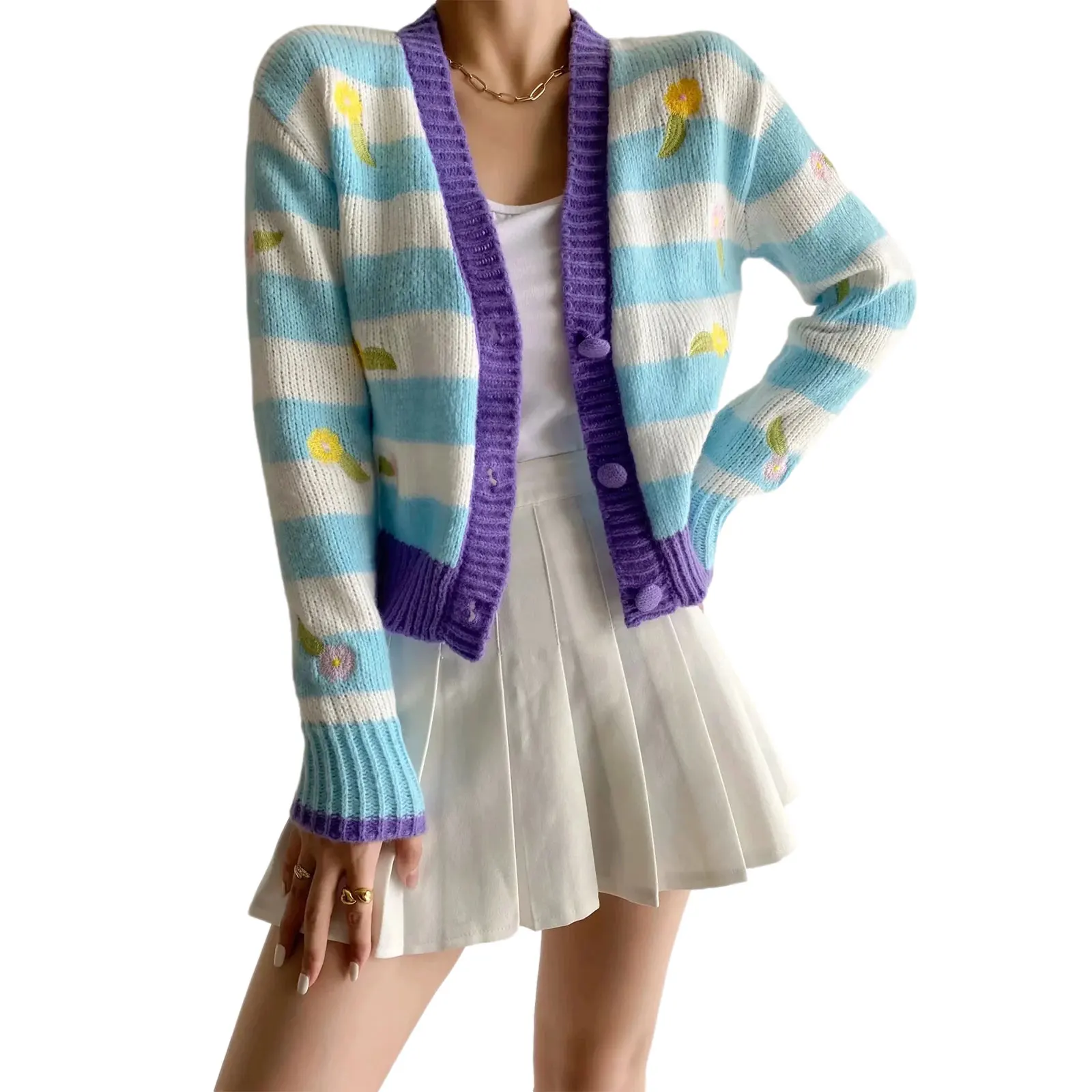 

2021 Women Winter Knit Sweater Coat V Neck Flower Cardigans Sweaters Warm Knitted Sueter Mujer Loose Long Sleeve Jacket