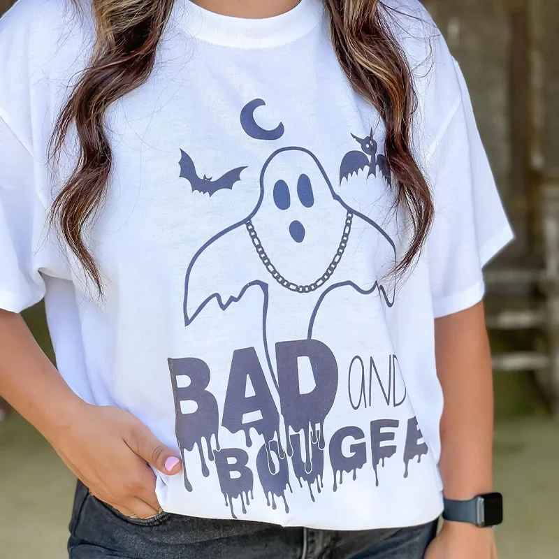 

Женские рубашки на Хэллоуин Bad and Boogee Graphic, свободные Винтажные Футболки с милым принтом призраков, забавные белые футболки с круглым вырезом...