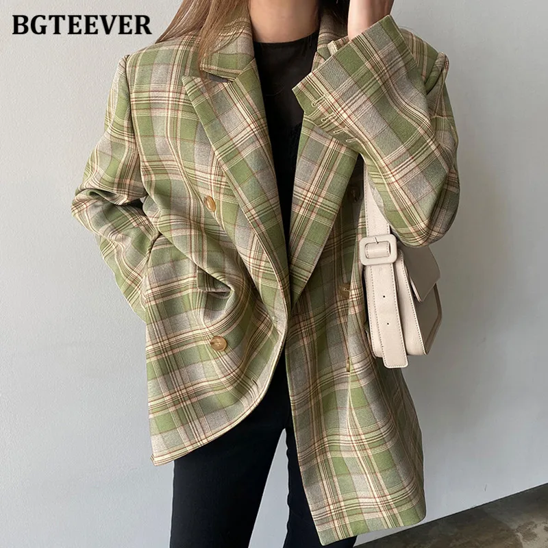 

FAKUNTN Vintage Loose Women Jacket Plaid Blazer Autumn Chic Double Breasted Female Long Suit Jackets Stylish Ladies