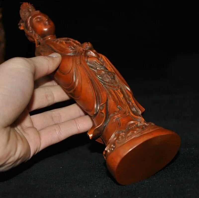 

wedding decoration 9" China Boxwood wood carving Buddhism lotus fish Kwna-yin Guanyin Buddha statue