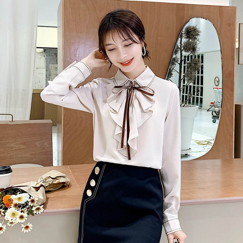 Корейские женские шифоновые блузки рубашки женская блузка с рюшами OL рубашка