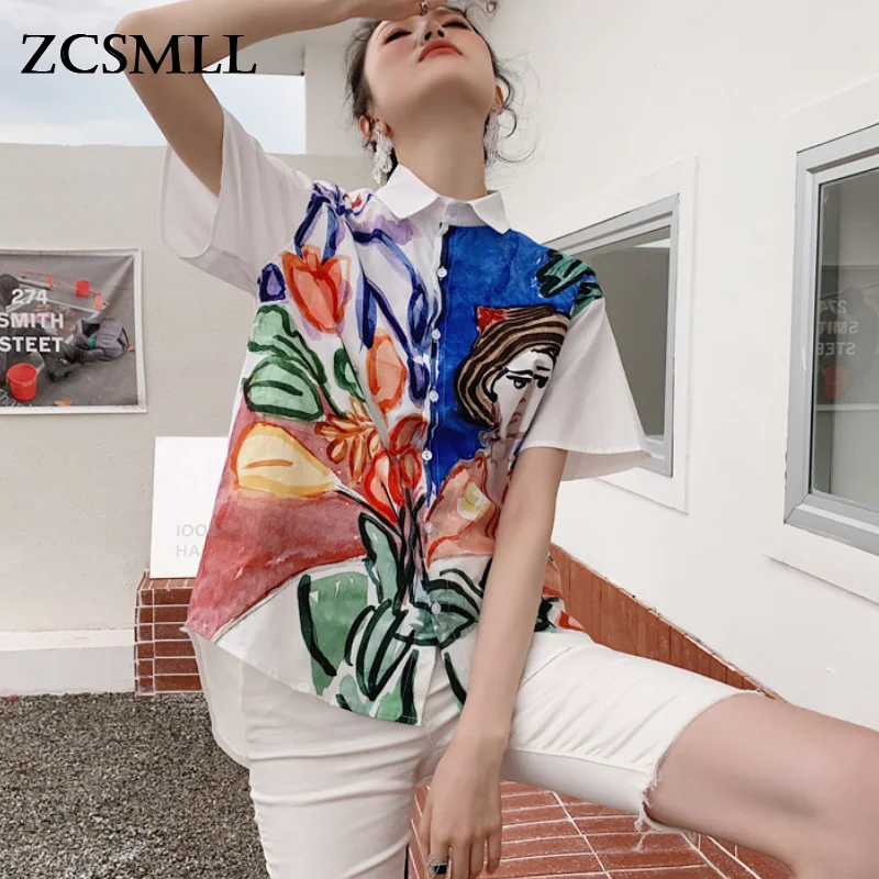 

Женская Свободная блузка ZCSMLL, Повседневная рубашка с отложным воротником и коротким рукавом, с художественным принтом, большие размеры, 2021
