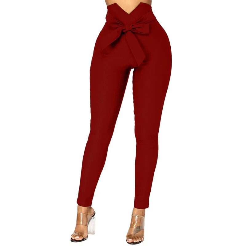 

Women Fashion High Waist Casual Pants Fashion Ladies Bowknot Long Slim Skinny Pants Bandage Elastic Pencil Trousers With Sashes