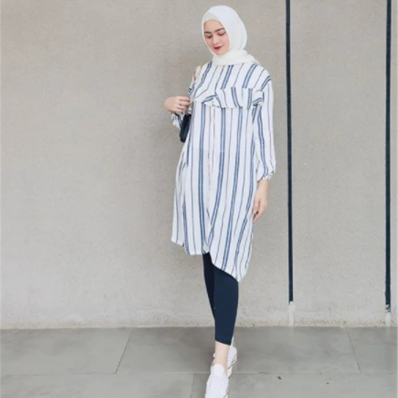 

2020 Abaya Middle East Dubai Muslim Hot Stripe Print Kaftan Saudi Arabia Round Neck Irregular Hem Mid-length Dress Robe