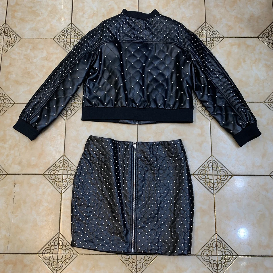 

2021 New Women'S 2-Piece Fashion Black Rivet Long-Sleeved Round Neck Short Coat Mini Dress High Street Office Suit