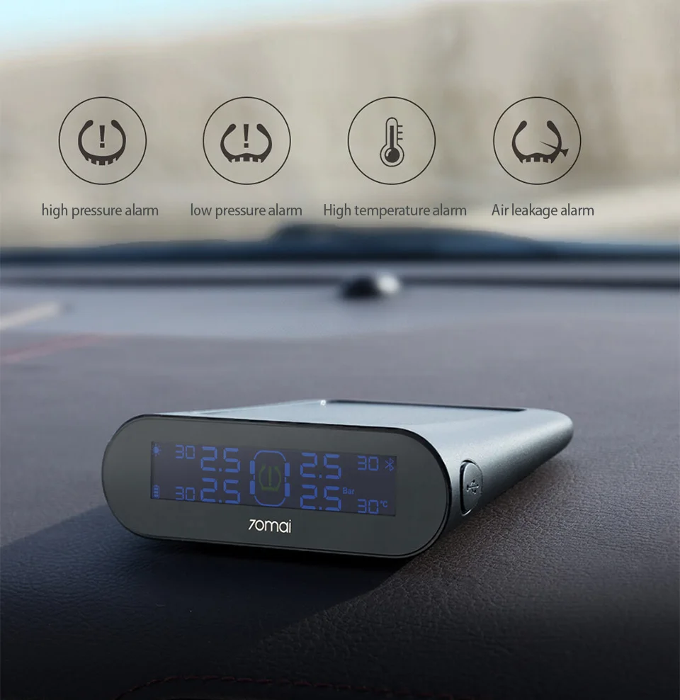 Xiaomi 70mai Автомобильный датчик TPMS Датчик давления в шинах монитор солнечной энергии двойной usb зарядка 4 встроенных датчика s система сигнализации
