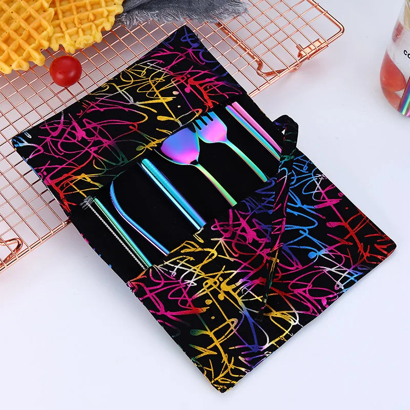 2019new Stainless Steel Cutlery Portable Cutlery Set Chopsticks Spoon Fork Reusable Straw and Portable Dinnerware Bag for Travel