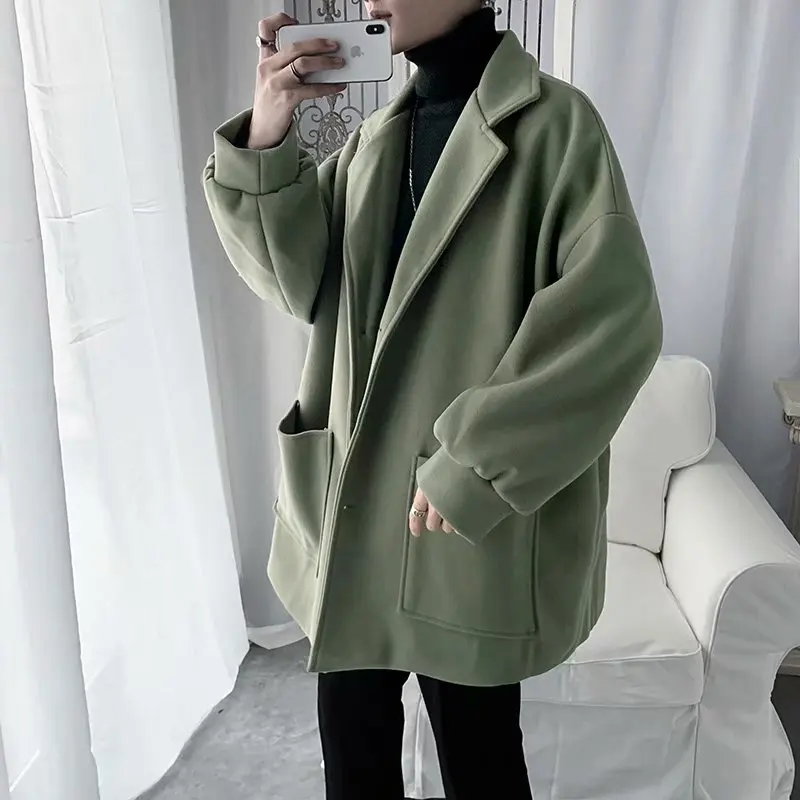 Мужское шерстяное пальто приталенное черное корейское зимнее | Мужская одежда